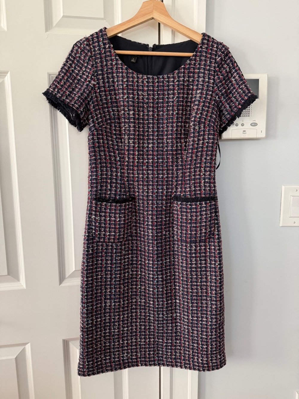 Talbots Navy Pink Tweed Short-Sleeve Sheath Dress with Fringe Trim
